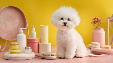 Bichon Frise dog at a pet spa with grooming products and accessories. A smiling woman in a bathrobe enjoys quality time with her beloved golden retriever, creating a heartwarming scene