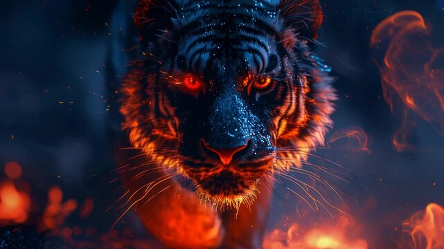 Close-up tiger portrait amid roaring flames and glowing embers, smoky atmosphere and drifting sparks highlight wet black fur, intense amber eyes, cinematic