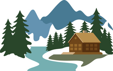 Fototapeta premium Cozy cabin by a river with pine trees and mountains house lodge
