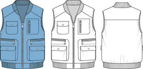 Men's utility vest vector illustration, technical flat sketch, multi pocket cargo gilet, front and back view, fashion design template, zipper closure, blue outdoor wear.