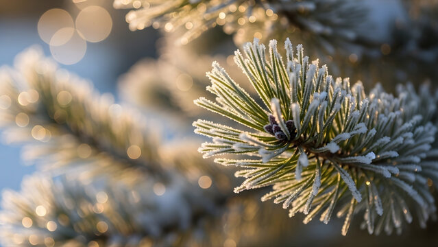 Frost-covered pine branches with morning sunlight and soft snow bokeh, calm nature photo - Powered by Adobe