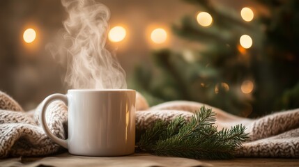 Aromatic Hot Tea in a Cozy Setting with a Knitted Blanket and a Beautifully Lit Christmas Tree