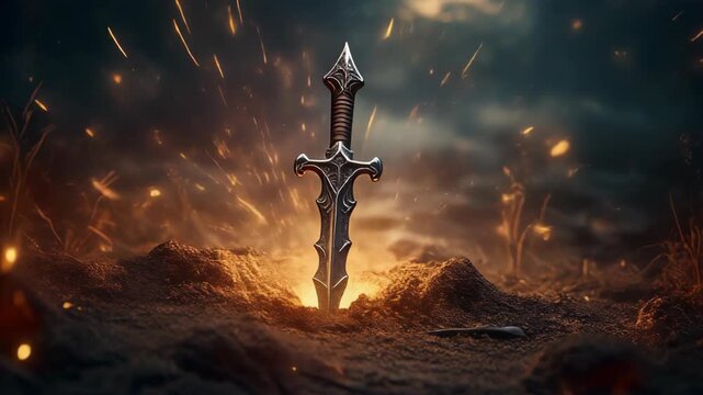 Single steel sword thrust into ground on fiery dark landscape with glowing embers in background. Epic fantasy weapon.