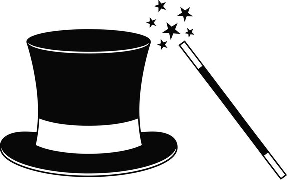 A black top hat with a magic wand and scattered stars illustration