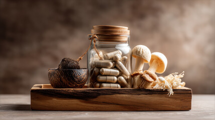 Medicinal mushrooms and supplements in a wooden tray for natural health. This image showcases a selection of medicinal mushrooms and capsules, promoting wellness and alternative medicine