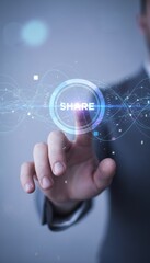 Businessmans hand presses a holographic share button on a futuristic digital screen, symbolizing global connectivity, collaborative social media interaction and modern business networking