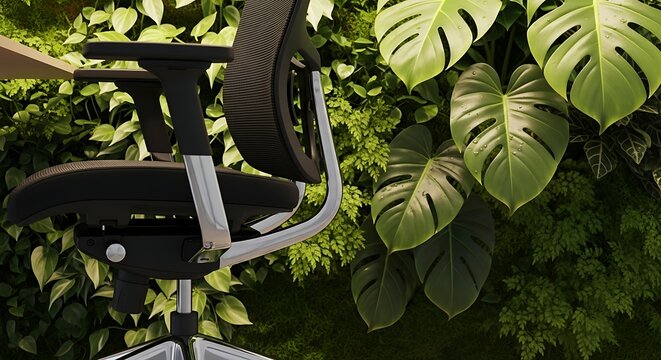 A modern ergonomic office chair is positioned in front of a lush green living wall with large monstera leaves. - Powered by Adobe