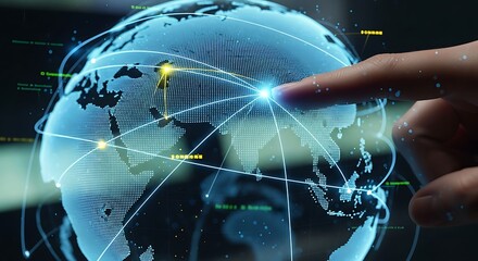 Global Network Connections: Futuristic Technology Depicting Worldwide Communication and Digital Transformation with Human Interaction on Interactive Globe.