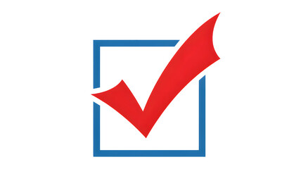 Bright red check mark symbol inside a blue square outline indicating completion or approval isolated on transparent background