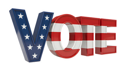 The word vote spelled out with large building blocks featuring the american flag pattern isolated on transparent background