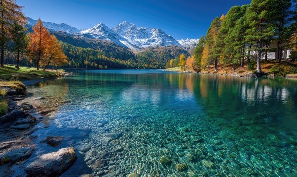 beautiful autumn landscape with a clear lake and mountain range in the background, a st. moritz-style village on a grassy field near the water in the foreground