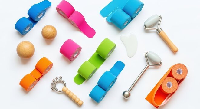 Colorful kinesiology tape rolls and massage tools for physiotherapy. Sports medicine, rehabilitation concept, pain relief.