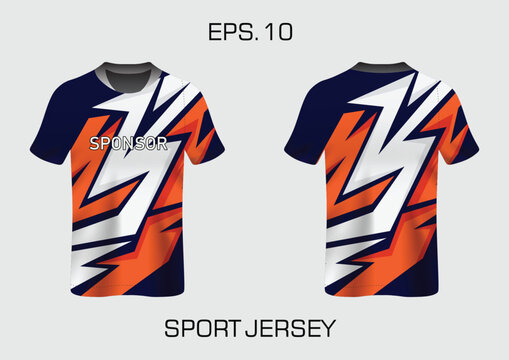 Dynamic Sport Jersey Design Featuring Bold Orange, Blue, and White Lightning Patterns