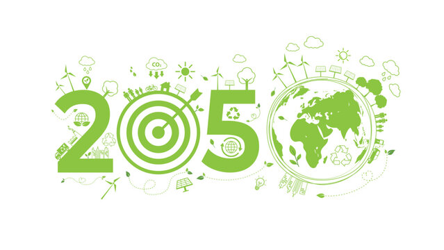 A green 2050 net-zero carbon concept, Renewable energy, eco-technology, recycling icons, global climate actions promoting a sustainable low-emission future for environmental awareness, vector