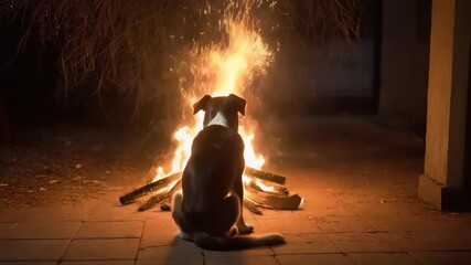 Dog sitting near a crackling campfire on a tiled patio during nighttime, flames and sparks radiating upward into the darkness.