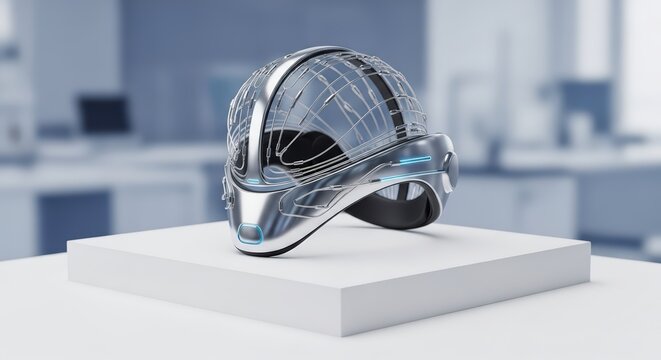 Futuristic virtual reality headset with glowing blue lights on a display. Innovative technology for medicine and patient care concept.