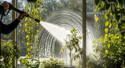 A person sprays water through a glass window onto plants, creating an arc. Sunlight shines through the spray