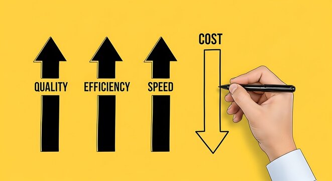 Arrows representing quality, efficiency, speed and cost concept