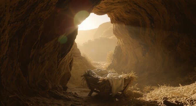 Empty wooden manger with straw inside a dark cave. Nativity scene background with bright sunlight beaming through the entrance. Birth of Jesus concept