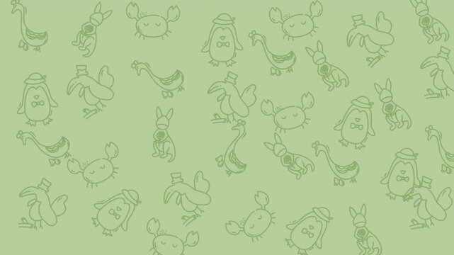 Light green pattern with animal sketches of crabs, rabbits, penguins, and geese. Suitable for wallpaper, stationery, or children products.
