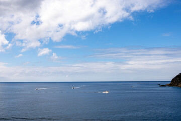 穏やかな伊豆の海を快走する水上バイクと小型の観光船
