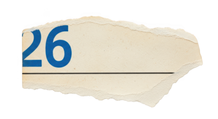 Torn paper fragment with number 26 isolated on transparent background