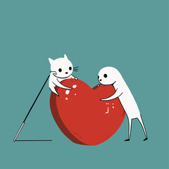 A white cat and a blob-like figure mending a large red heart with needle and thread on a teal background.