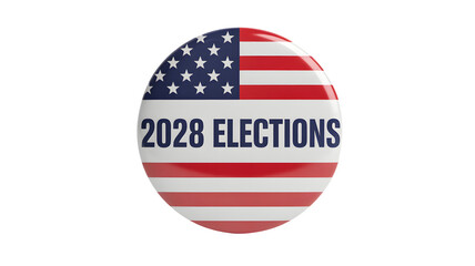 Oval shaped political campaign button featuring the american flag and the text 2028 elections isolated on transparent background