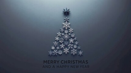 Minimalist Black Christmas Tree made of Snowflakes and Star on Dark Background Holiday Design_12