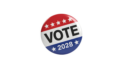 Red white and blue oval shaped vote 2028 election button with stars isolated on transparent background