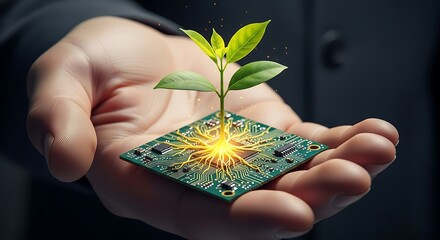 Hand Holding Circuit Board with Growing Plant: Sustainable Technology and Future Innovation Concepts.