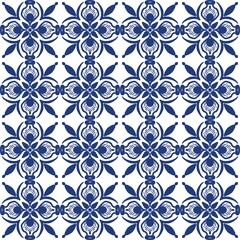 Blue seamless watercolor pattern decorated with colorful flower, leaf and fruit shapes, hand drawn artwork. creative design 