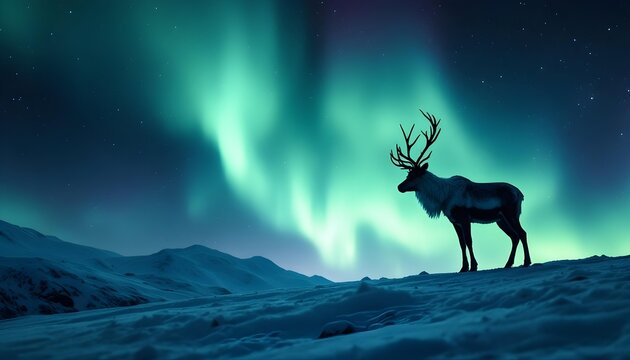 A majestic reindeer stands in peaceful silhouette on a snowy hill beneath a mystical aurora borealis sky creating a serene magical atmosphere