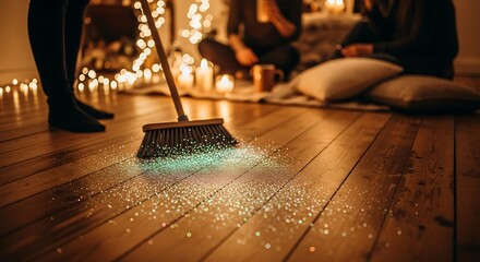 A person sweeps glitter from wooden floor in a dimly lit room with festive string lights and seated figures in the soft background