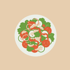 A minimalist, top-down illustration of a fresh garden salad with lettuce, tomatoes, cucumbers, onions, and protein on a white plate.