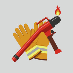 Firefighter gloves and a fire hose nozzle with a flame, representing fire safety and emergency services.