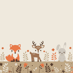 Cute cartoon forest animals, fox, deer, and rabbit, with plants and flowers.