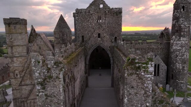 Rock of Cashel, Aerial view at SUnset. Also known as Cashel of the Kings. Located at Cashel, County Tipperary, Ireland.