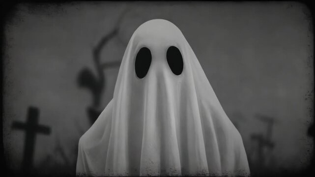 Spooky ghost figure draped in a white sheet standing in a graveyard with tombstones in monochrome retro style