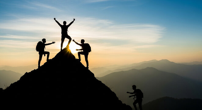 Climbers celebrating success on mountain peak at sunrise, teamwork and achievement