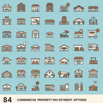 A comprehensive collection of 84 flat design icons depicting various commercial properties and investment options, including offices, shops, warehouses, and residential buildings.