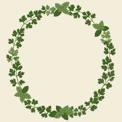 A circular wreath illustration composed of fresh green parsley and mint leaves on a light background, symbolizing nature and culinary herbs.