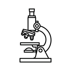 Simple black and white line art icon of a laboratory microscope for science and research isolated on