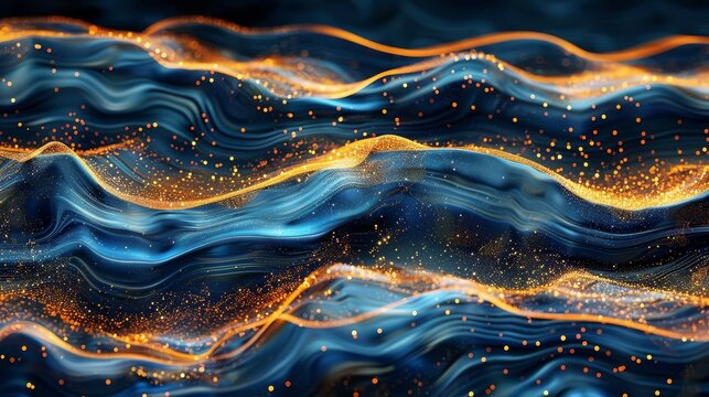 Abstract flowing blue waves with golden particle streams artistic digital rendering background