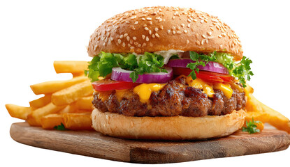 Savory burger with melted cheese, fresh toppings, and golden fries