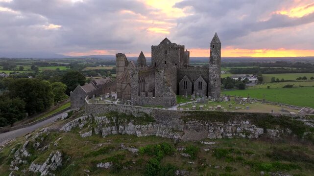 Rock of Cashel, Aerial view at SUnset. Also known as Cashel of the Kings. Located at Cashel, County Tipperary, Ireland.