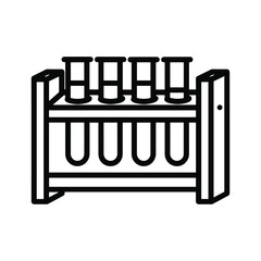 Simple black and white line art icon of four test tubes held securely in a laboratory rack for chemical experiment or science concept