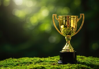 A shining golden trophy sitting on lush green moss, symbolizing successful environmental efforts and profitable sustainability ,concept ,investing ,natural