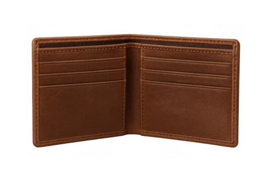 Empty brown leather bifold wallet open for business, financial planning, budget, or debt and savings concept on transparent background