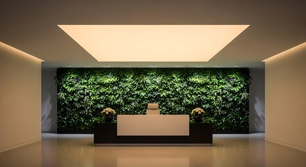 Modern office reception area with a large green living plant wall and ambient lighting.